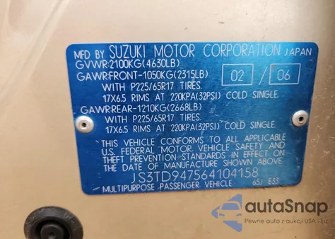 2006 Suzuki Grand Vitara Luxury z USA, uszkodzony, nr VIN JS3TD947564104158